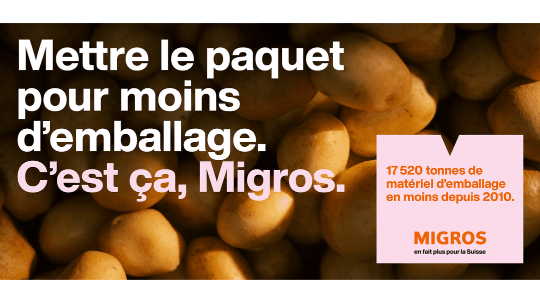 Migros met en avant sa réduction d'emballage avec 17 520 tonnes de matériel en moins depuis 2010, illustrée par des pommes de terre