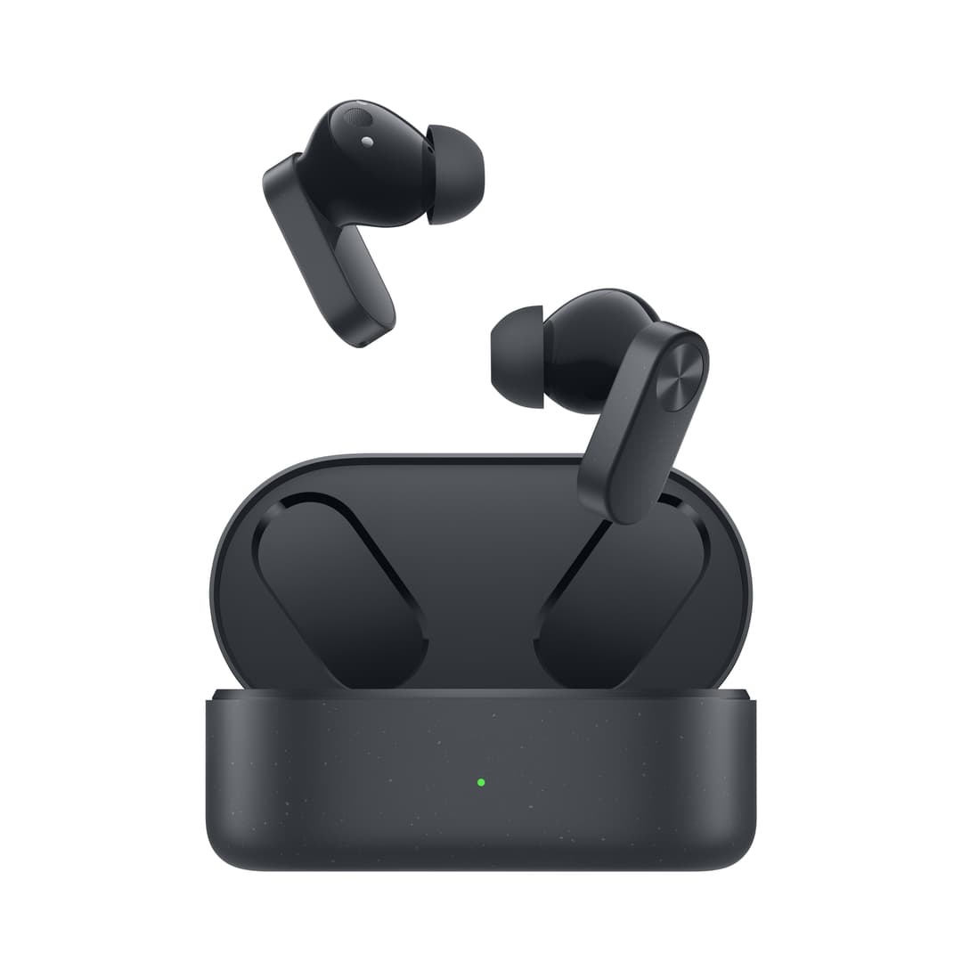 OnePlus Nord Buds 2, écouteurs sans fil noirs avec boîtier de recharge, l'un des écouteurs détaché au-dessus