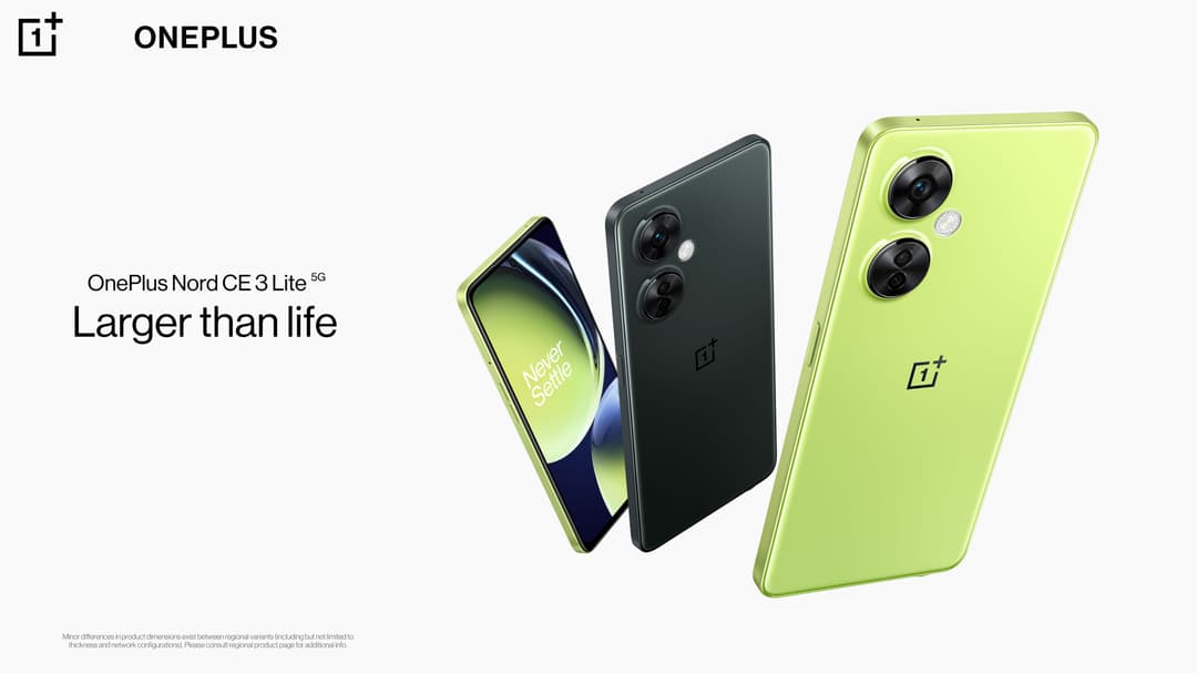 OnePlus Nord CE 3 Lite 5G en trois coloris : vert fluo, noir et bleu, affichant écran, dos et caméras multiples