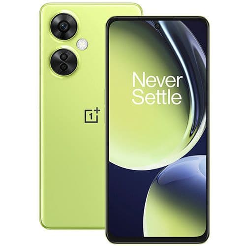OnePlus Nord CE 3 Lite 5G vert anis avec double appareil photo et écran affichant le slogan Never Settle