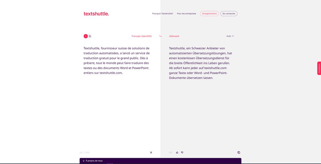 Interface du service Textshuttle affichant des textes en français et allemand à traduire, avec logo et boutons de navigation