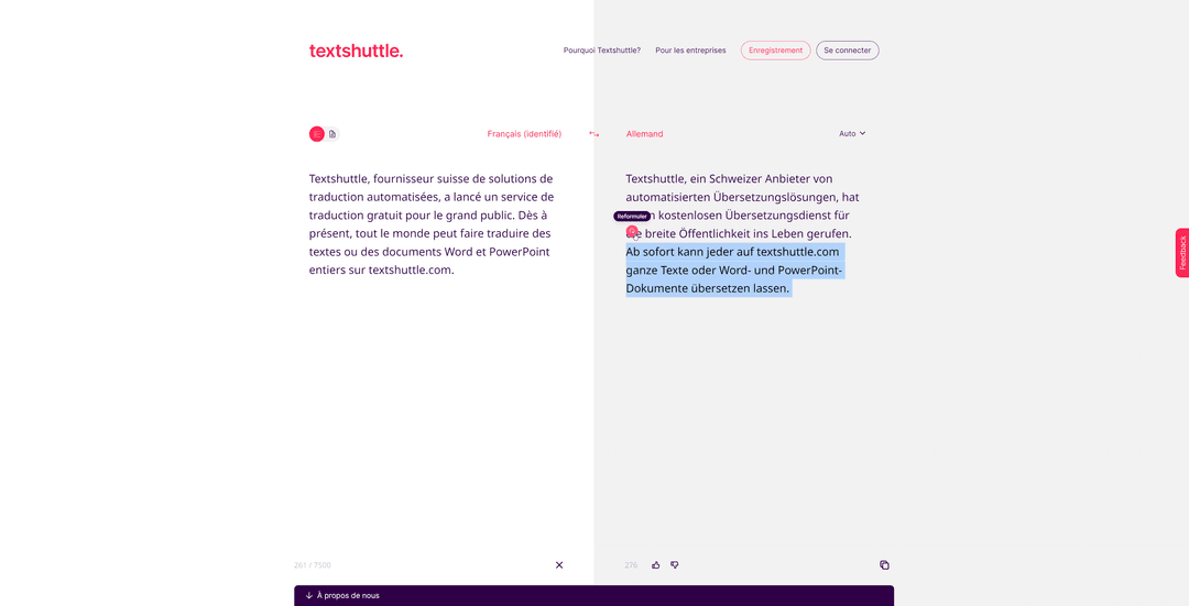 Interface de traduction Textshuttle avec textes en français et allemand, montrant la plateforme gratuite de traduction automatisée suisse