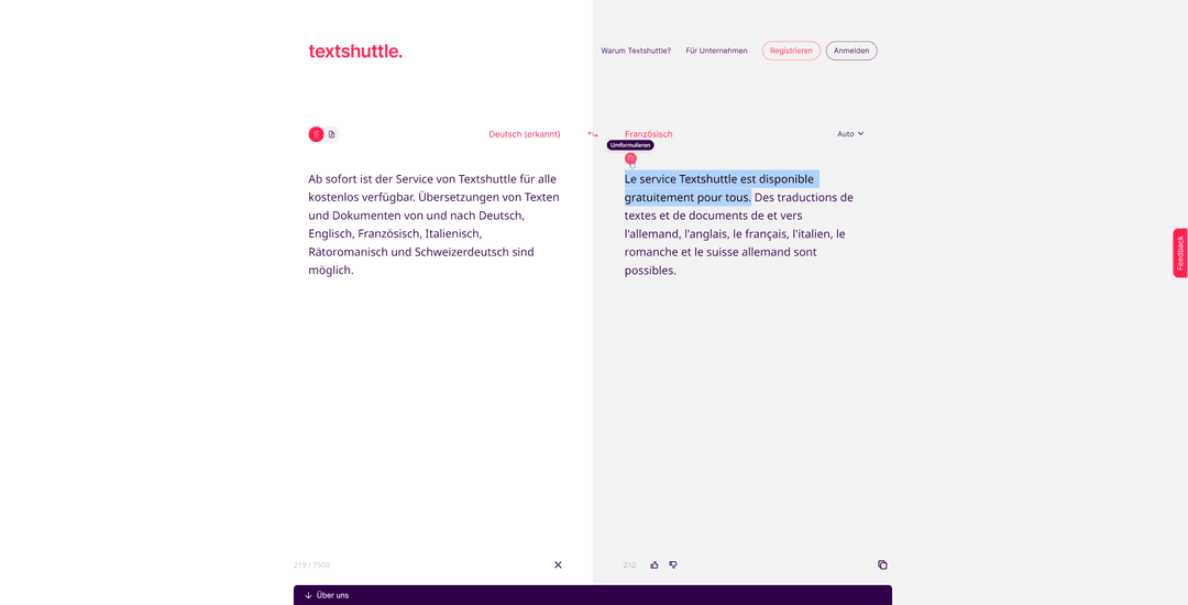 Interface du service de traduction Textshuttle avec options de sélection de langues incluant l'allemand, le français et le suisse allemand