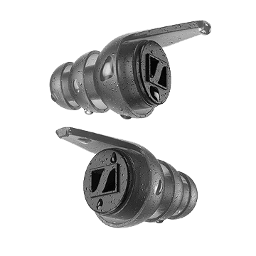 Paire de bouchons auditifs Sennheiser SoundProtex avec filtres visibles, vue en coupe montrant la structure interne