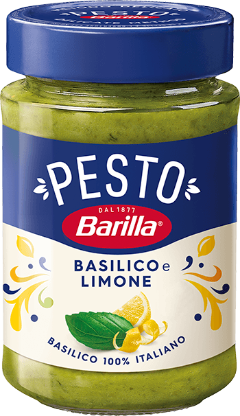 Pot de pesto Barilla Basilico e Limone avec couvercle bleu, étiquette blanche et jaune, basilic frais et citron illustrés