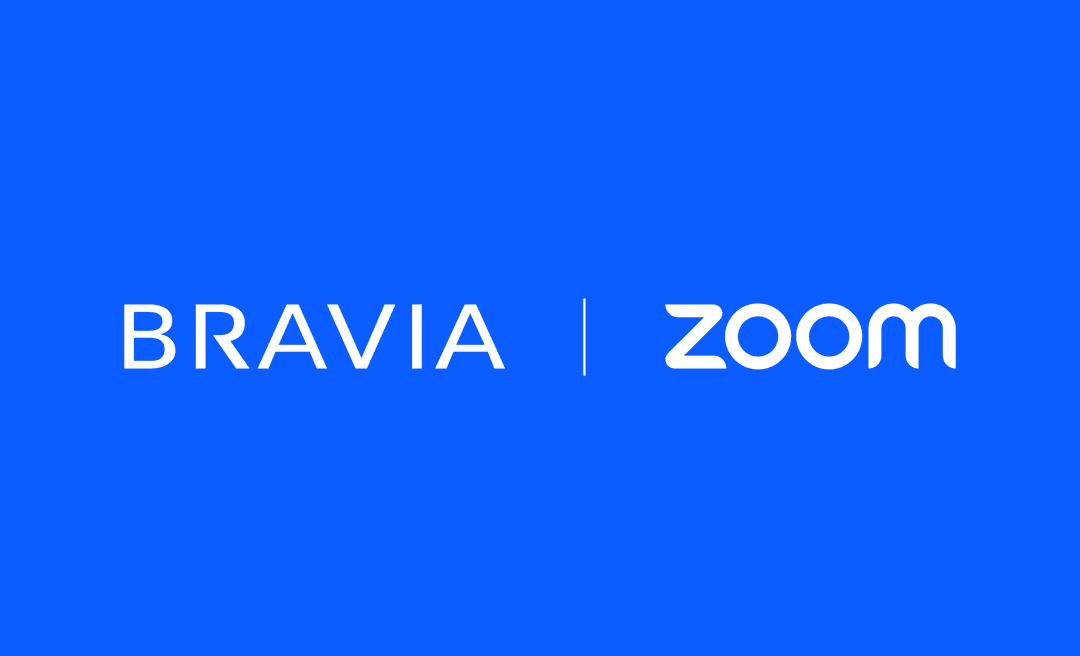 Logos de BRAVIA et Zoom séparés par une barre, sur fond bleu