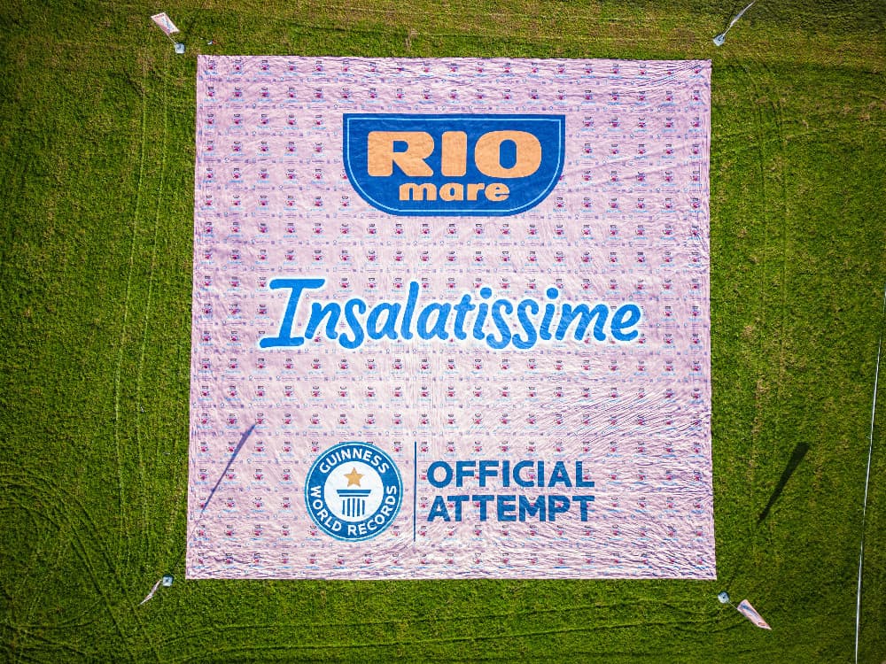 Grande nappe rose de pique-nique avec logos Rio Mare et Insalatissime, vue aérienne sur herbe verte