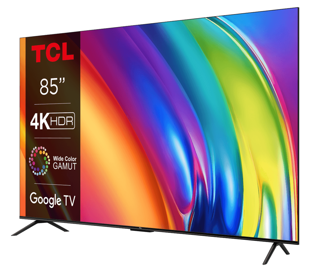Téléviseur TCL P74 85 pouces 4K HDR avec Wide Color Gamut affichant un dégradé de couleurs intenses du rouge au violet