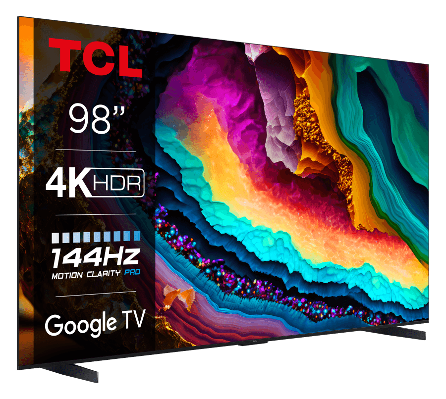 Téléviseur TCL 98 pouces affichant du contenu coloré avec spécifications 4K HDR, 144Hz Motion Clarity Pro et Google TV