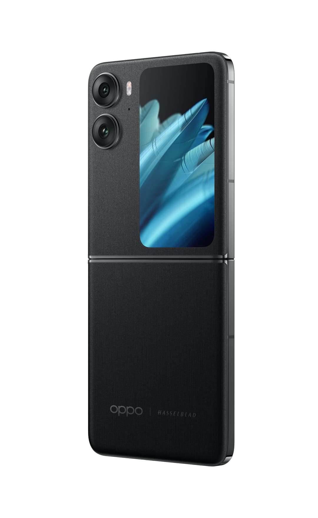 OPPO Find N2 Flip, smartphone pliable noir avec double appareil photo et écran affichant des éléments bleus