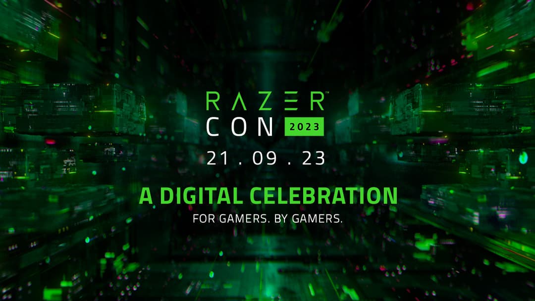 Affiche de la RazerCon 2023 avec logo et date du 21.09.23 sur fond vert fluo et noir de circuit numérique