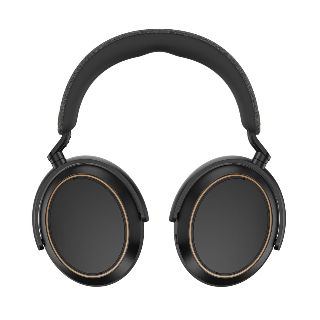 Casque audio supra-auriculaire noir avec finitions cuivre, vue de face sur fond blanc