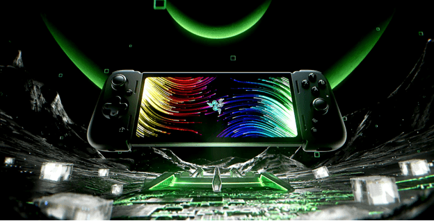 Razer Kishi V2 Pro, manette de jeu mobile noire avec écran au centre affichant des effets lumineux multicolores, entourée d'éléments technologiques verts