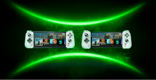 Deux manettes Razer Kishi V2 Pro blanches encadrant un smartphone affichant des jeux, sur fond noir avec effet lumineux vert