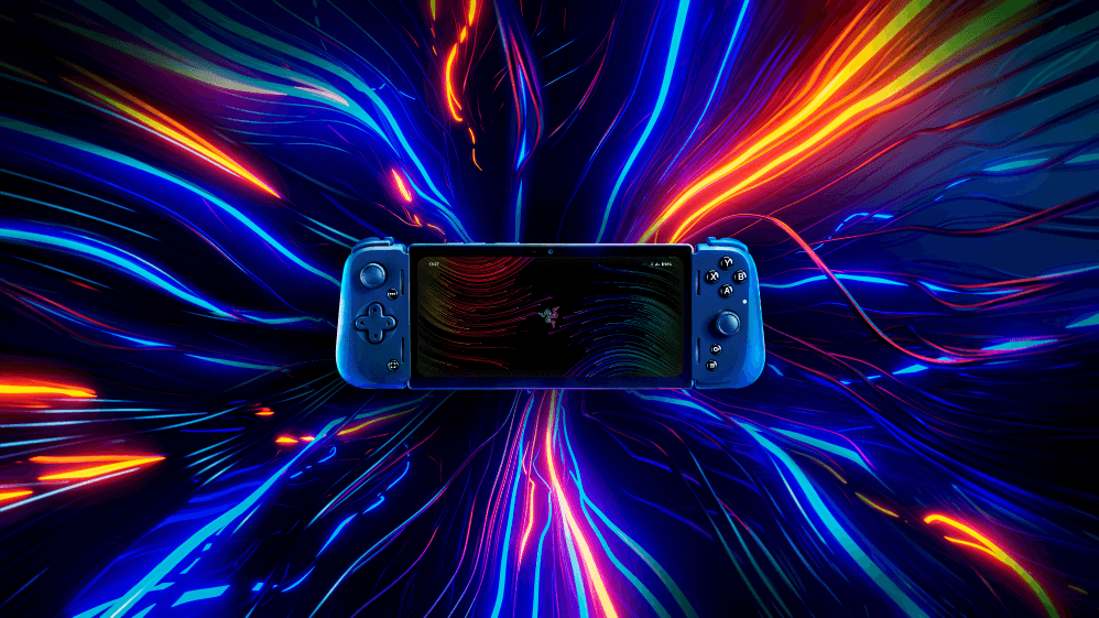 Razer Kishi V2 Pro, manette de jeu bleue avec téléphone mobile central, sur fond de lignes lumineuses colorées