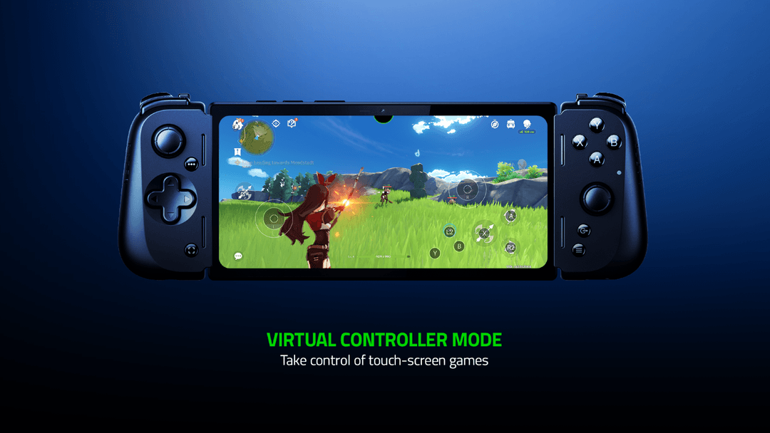 Razer Kishi V2 Pro avec écran affichant un jeu d'action en mode Virtual Controller, manettes noires de part et d'autre du téléphone