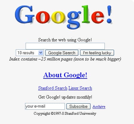 Logo Google coloré avec barre de recherche et boutons « Google Search » et « I'm feeling lucky » d'une ancienne version du moteur de recherche