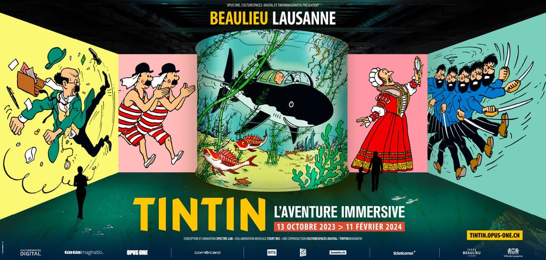 Affiche de l'exposition Tintin l'aventure immersive à Beaulieu Lausanne, avec frises de personnages colorés et scènes soumarines, ouverture 13 octobre 2023