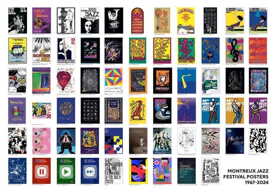 Grille de 60 affiches du Montreux Jazz Festival de 1967 à 2024, montrant l'évolution des styles graphiques et des couleurs, du noir et blanc aux designs colorés contemporains
