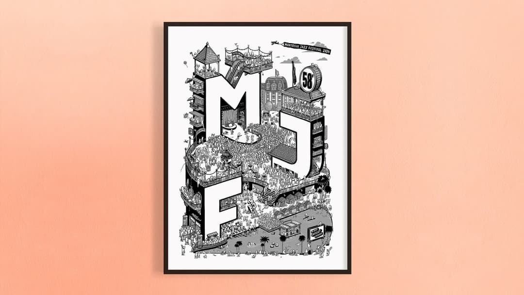Affiche du 58e Montreux Jazz Festival avec les chiffres MJF en noir et blanc encadrés, illustrés de scènes de Montreux, foules et architecture