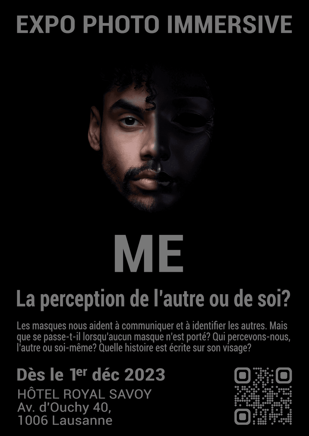 Portrait en clair-obscur d'un homme aux yeux expressifs, moitié visage éclairé et moitié dans l'ombre, affiche de l'exposition « ME » de Kiré Ivanov