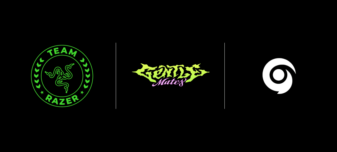 Logos du partenariat Razer, Gentle Mates et Gotaga affichés côte à côte sur fond noir