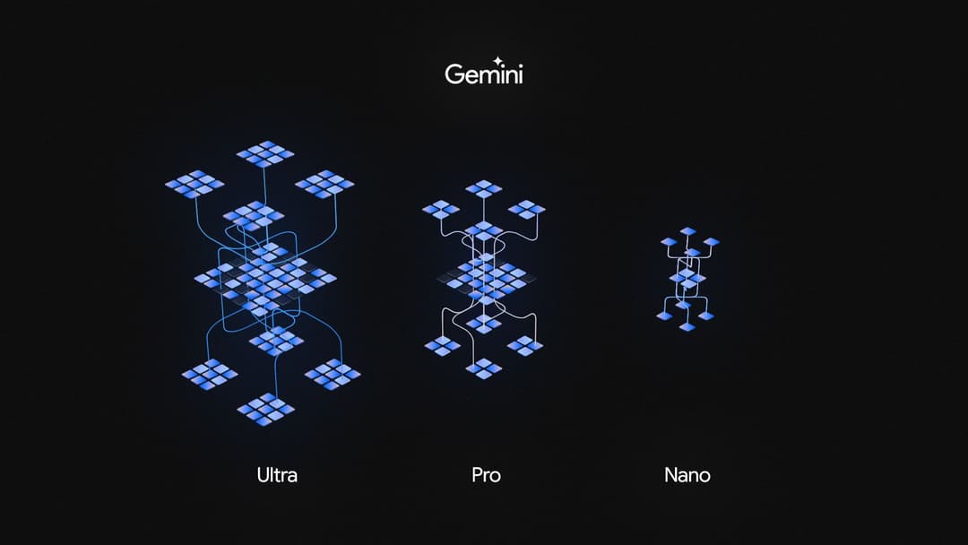 Logo Gemini et représentation des trois versions du modèle d'IA : Ultra, Pro et Nano, avec des structures en blocs bleus sur fond noir