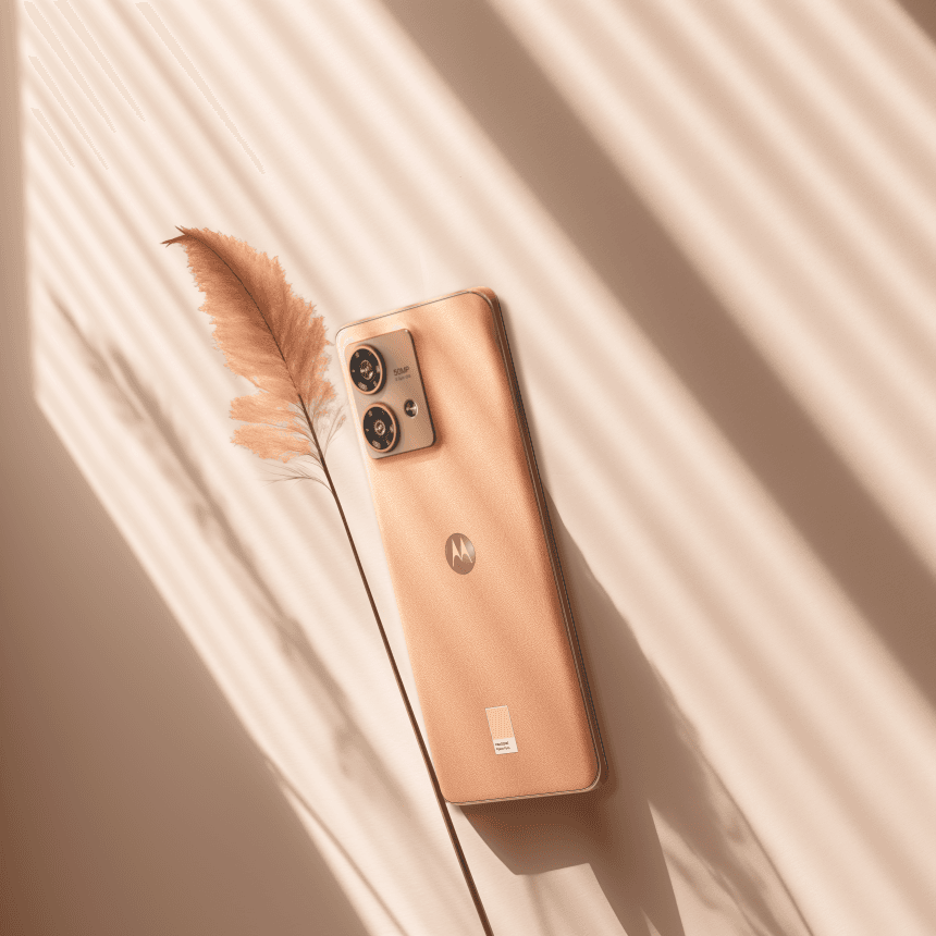 Motorola edge 40 Neo de couleur beige Pantone 2024, posé à côté d'une plume, sous une lumière striée