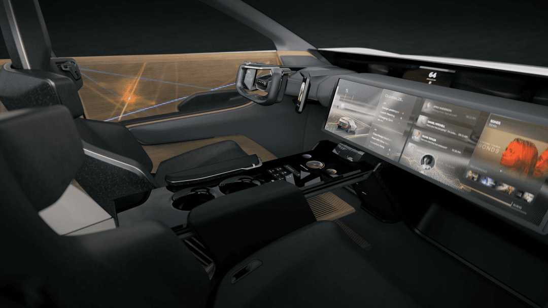 Habitacle futuriste d'une Lexus électrique avec écran panoramique affichant un système d'assistant personnel et panneaux bois clair