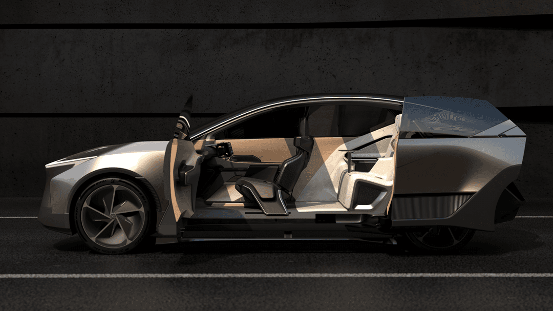 Lexus électrique de luxe aux portes ouvertes, intérieur beige clair, design épuré aux lignes courbes, profil sur fond sombre