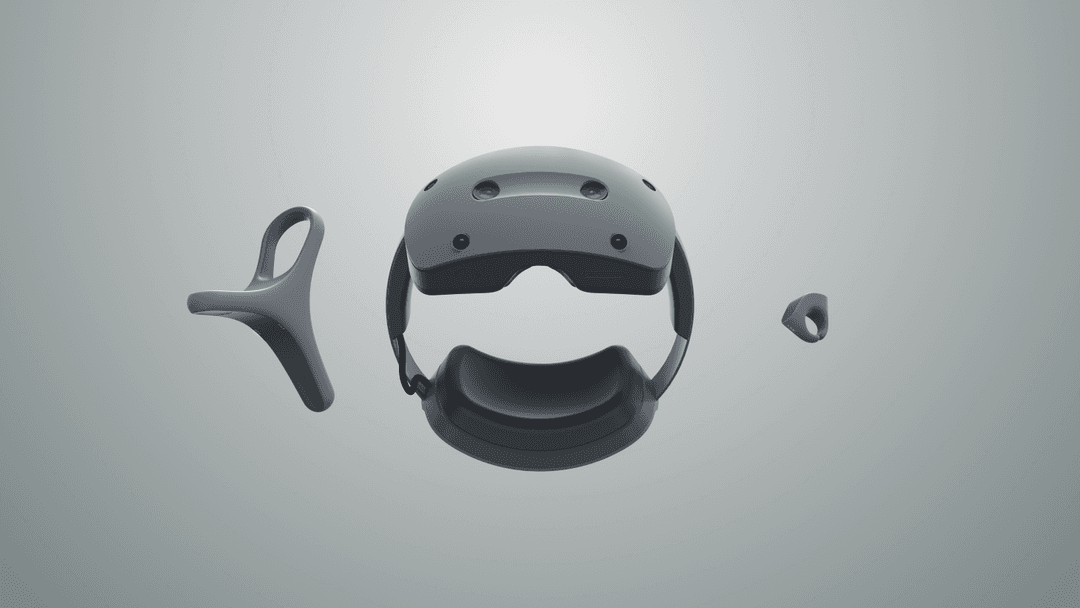 Casque XR Sony gris et noir avec deux contrôleurs de commande sur fond gris clair