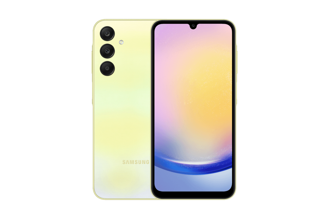 Smartphone Samsung Galaxy A15 jaune clair avec triple capteur photo et écran affichant un dégradé rose, jaune et bleu