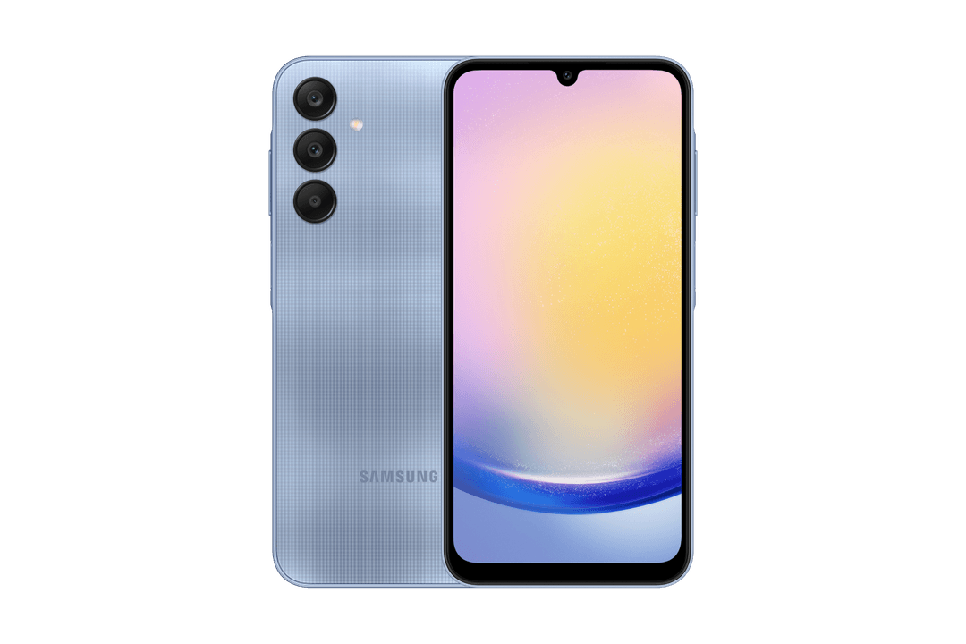 Smartphone Samsung Galaxy A bleu ciel présenté de face et de dos, affichant un écran aux dégradés rose, jaune et bleu