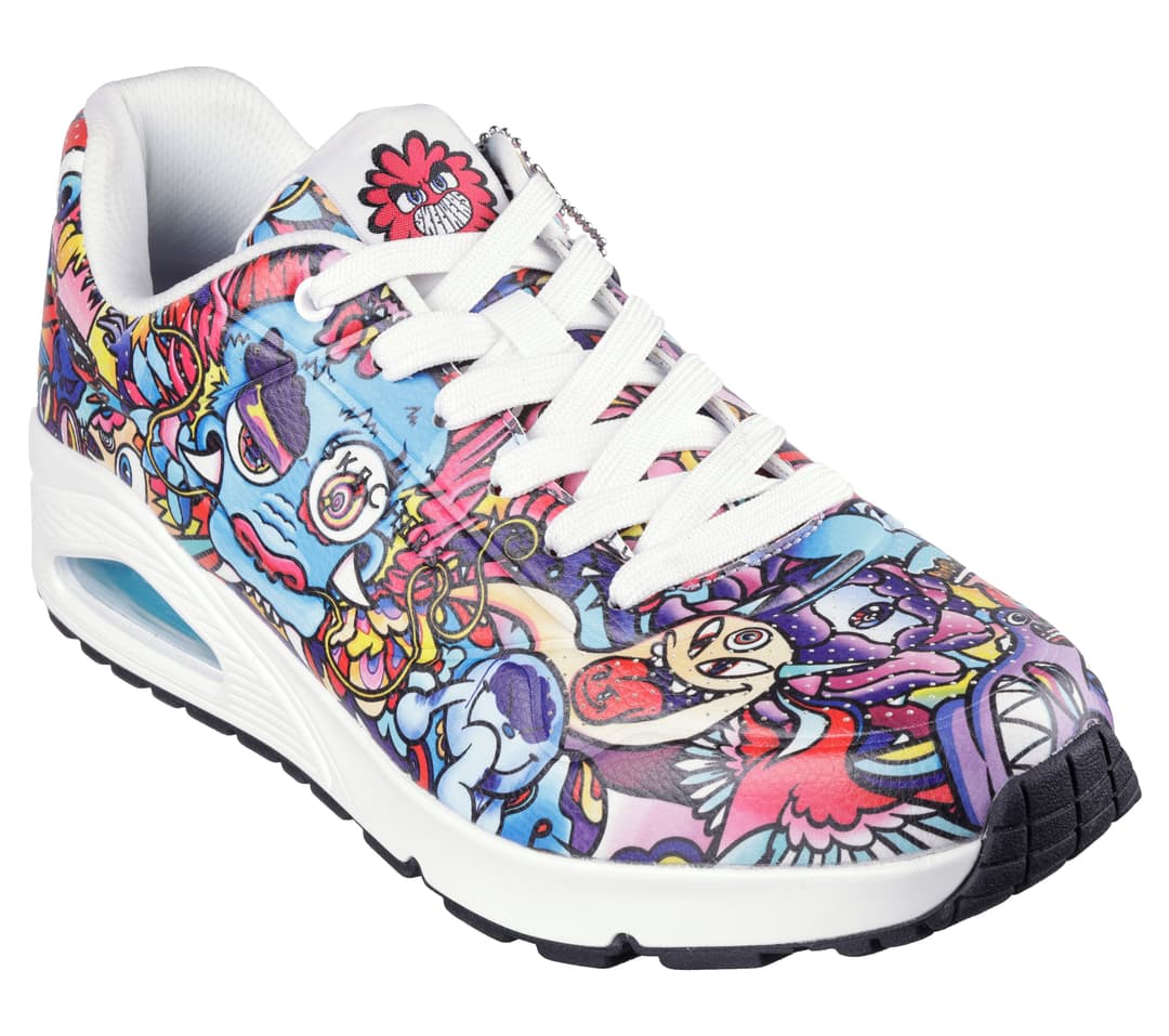 Baskets Skechers UNO Color Doodle à semelle blanche, ornées de dessins colorés de l'artiste belge Vexx