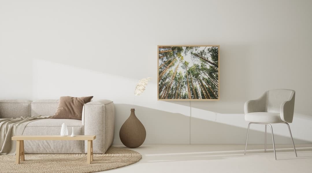 Intérieur minimaliste avec canapé beige, fauteuil gris clair et tableau représentant des arbres en contre-plongée