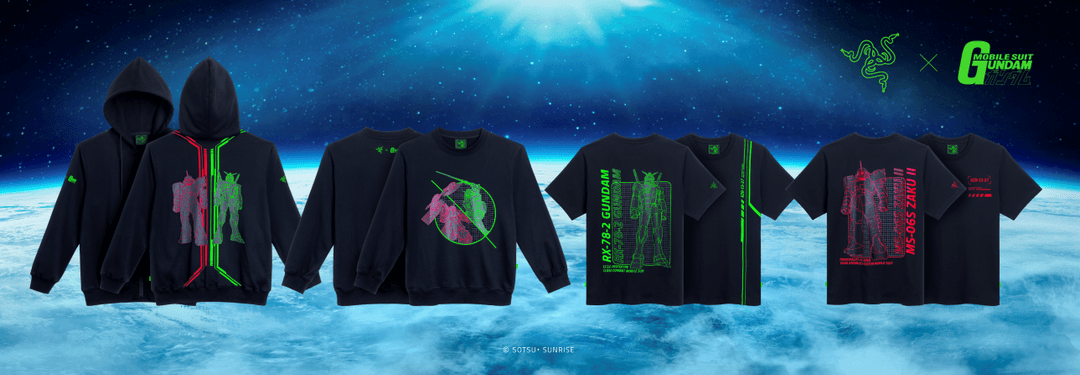 Hoodie et t-shirts Razer Mobile Suit Gundam noirs aux motifs colorés verts et roses sur fond spatial bleu