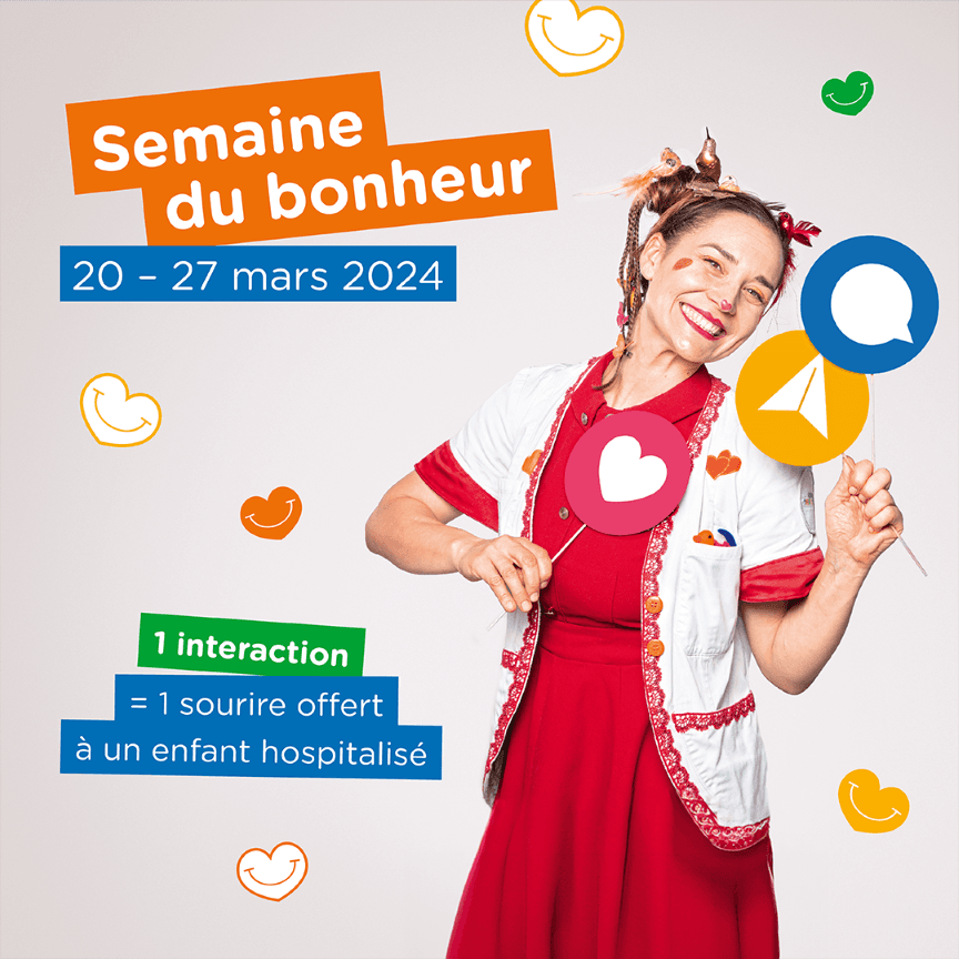 Affiche de la 10e Semaine du bonheur avec un docteur Rêve en costume rouge et blanc souriant, entouré de symboles de cœurs et sourires colorés