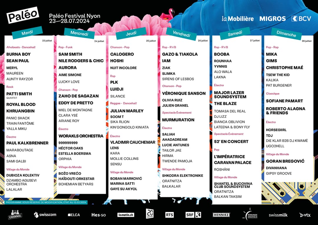 Affiche du Paléo Festival 2024 à Nyon du 23 au 28 juillet, listant les artistes par jour avec photos des têtes d'affiche et logos des partenaires