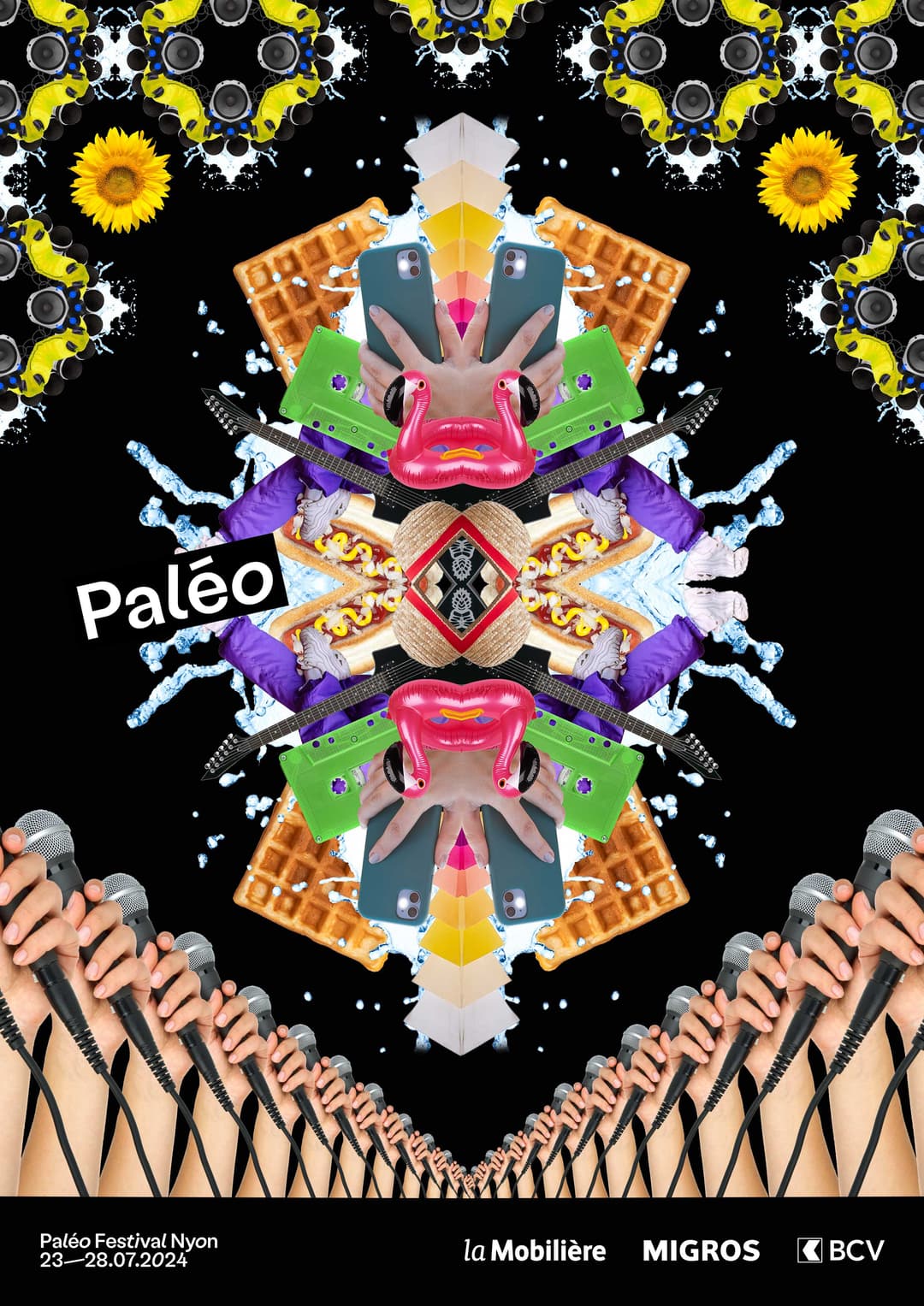 Affiche du Paléo Festival 2024 avec collage coloré d'objets en symétrie : tournesols, gaufres, téléphones, lèvres roses, micros et mains levées sur fond noir