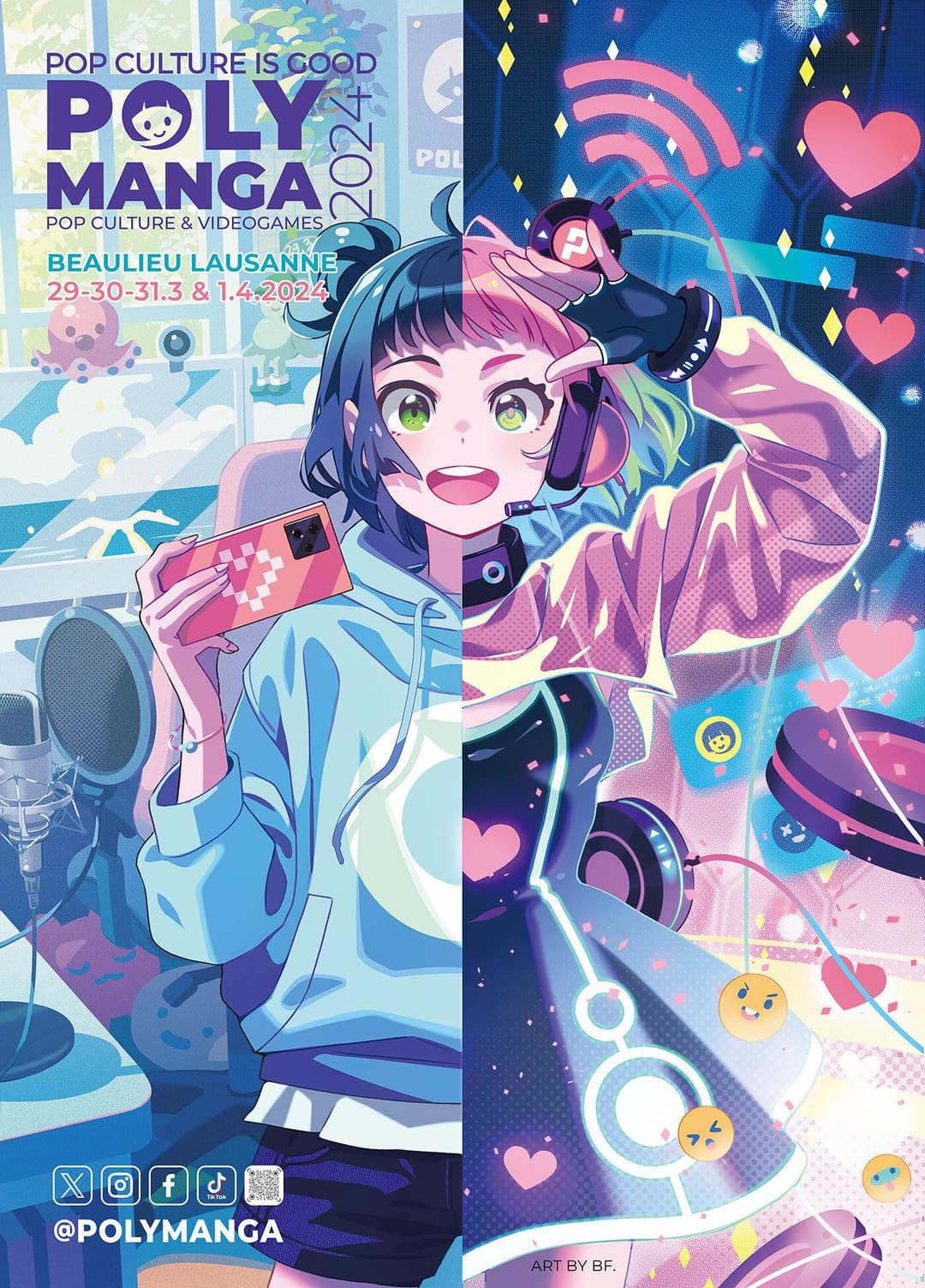 Affiche du festival Polymanga 2024 à Beaulieu Lausanne, montrant une jeune fille anime avec casque rose et bleu tenant une manette de jeu, sur fond coloré avec cœurs et éléments de pop culture