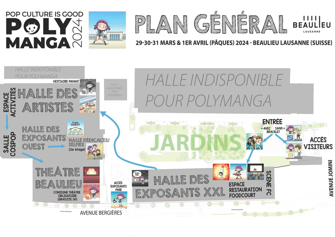 Plan général du festival Polymanga 2024 à Beaulieu Lausanne montrant les différentes halles, zones d'activités, jardins et cheminement One Way optimisé pour les visiteurs