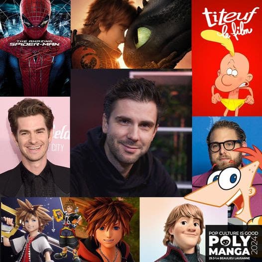 Collage montrant des affiches de films et de séries (Spider-Man, Le Garçon et le Héron, Titeuf), des portraits d'acteurs et de personnages animés, pour le festival Polymanga