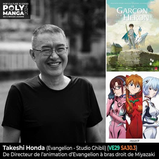 Takeshi Honda, directeur de l'animation d'Evangelion, sourit à la caméra en noir et blanc, entouré d'affiches de ses films dont Le Garçon et le Héron