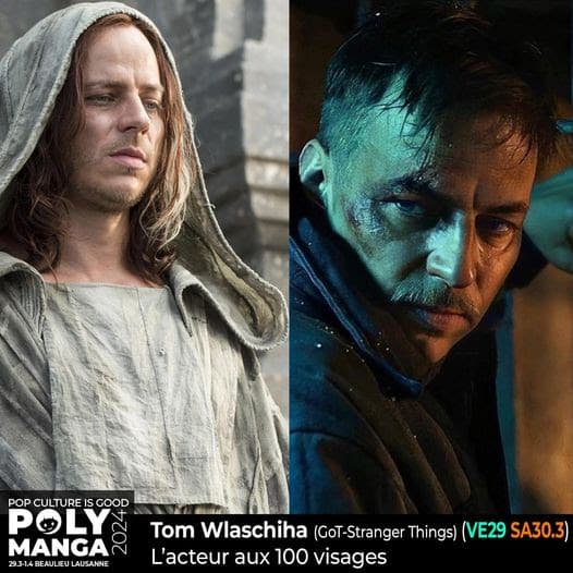 Tom Wlaschiha dans deux rôles distincts : à gauche en tunique médiévale pâle de Game of Thrones, à droite en éclairage bleuté de Stranger Things