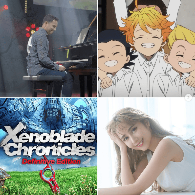 Collage montrant un homme au piano, des personnages d'anime souriants, la jaquette de Xenoblade Chronicles et un portrait de femme