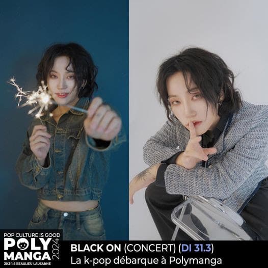Deux membres de Starrysky en tenue de scène : l'une tenant un bâton lumineux sur fond bleu, l'autre en gros plan sur fond gris, pour le concert du 31 mars à Polymanga