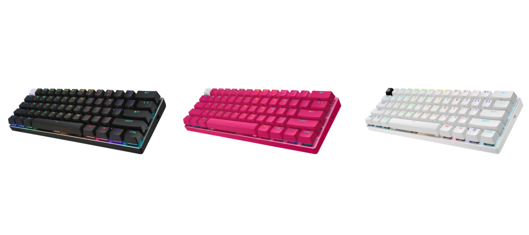 Trois claviers Logitech G PRO X 60 en noir, rose magenta et blanc avec rétroéclairage RGB