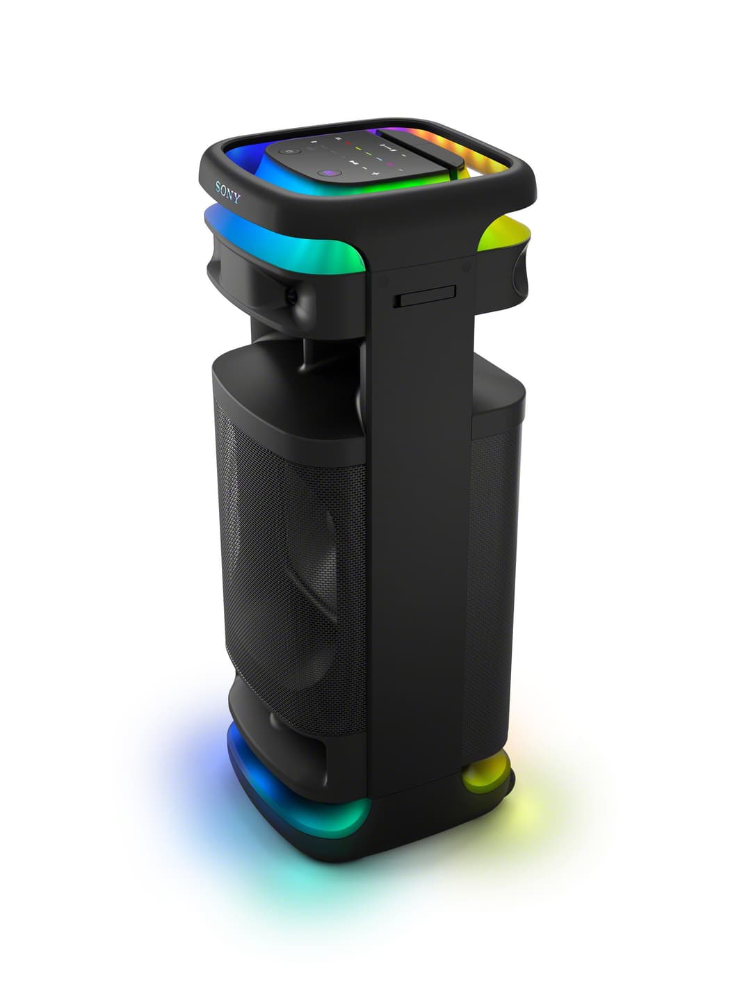 Enceinte Sony ULT TOWER 10 noire cylindrique avec bandes lumineuses multicolores bleues, vertes et jaunes, et plateau supérieur tactile