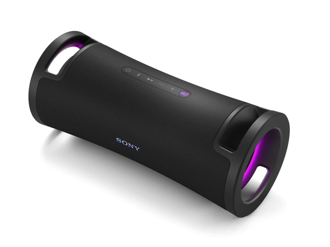 Enceinte Sony ULT FIELD 7 noire avec poignée et éclairage LED violet, vue en perspective