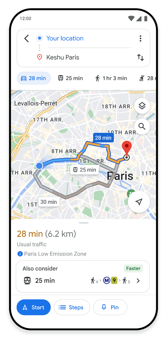 Capture d'écran de Google Maps affichant un trajet entre votre localisation et Keshu Paris, avec les temps de transport en bleu et gris incluant métro et bus, et une zone à faible émission indiquée